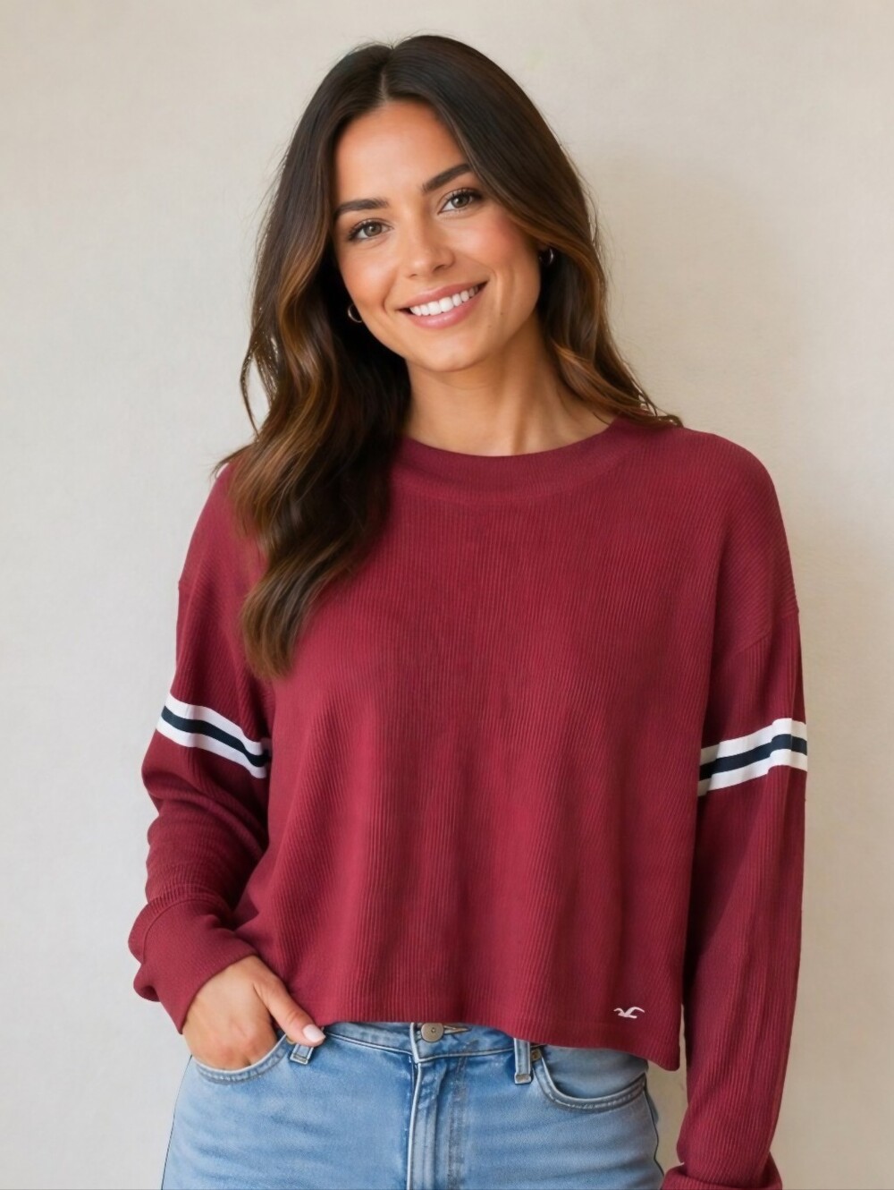 Hollister Long Sleeve Waffle Knit Boyfriend Cropped Burgundy Red Tee